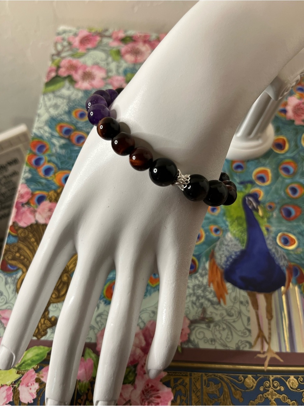 Amethyst Tiger Eye Black Obsidian Sterling Silver Stretch Bracelet